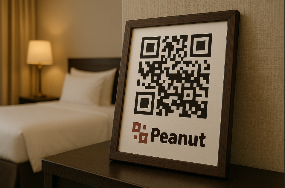 Framed QR code in hotel room setting