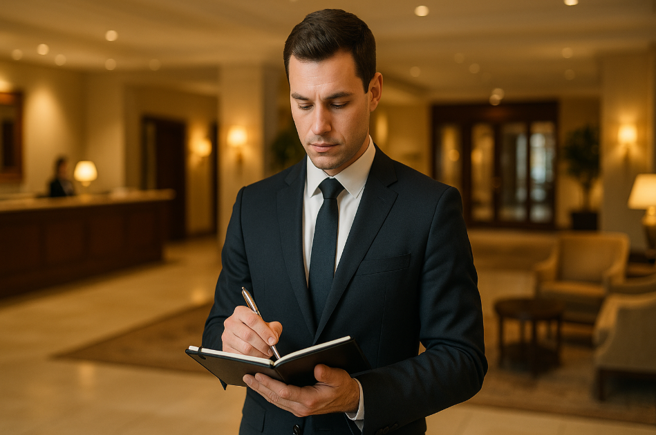 Peanut representative documenting venue details in hotel lobby