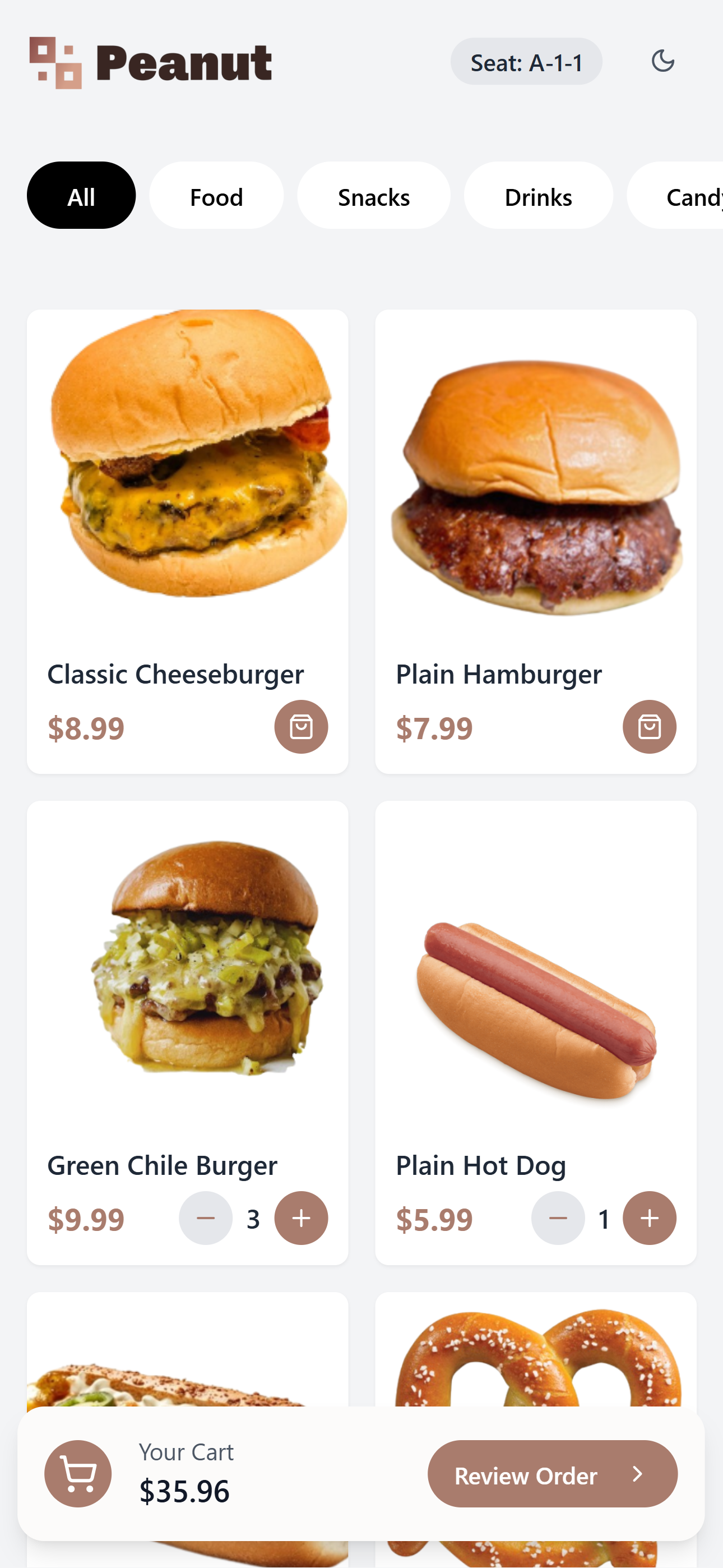 Peanut app menu screen