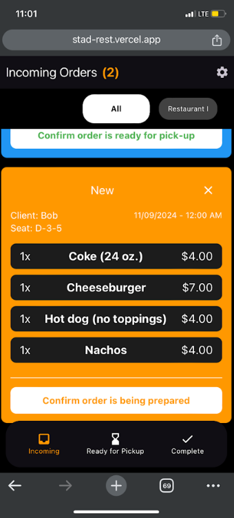 Peanut vendor app showing incoming orders interface