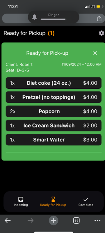 Peanut vendor app showing orders ready for pickup